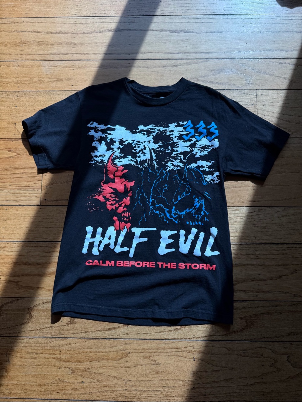 Half Evil 'Calm Before The Storm' Graphic Tee - Black with Red & Blue Print